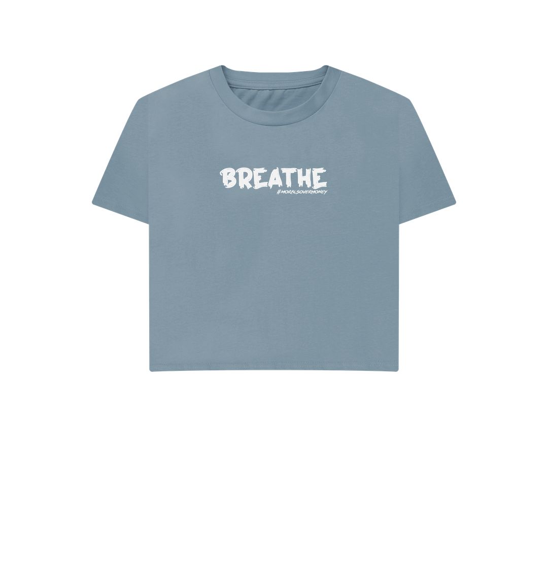 Stone Blue Women's 100% Organic Cotton 'Breathe' Eco Boxy Tee - White Logo