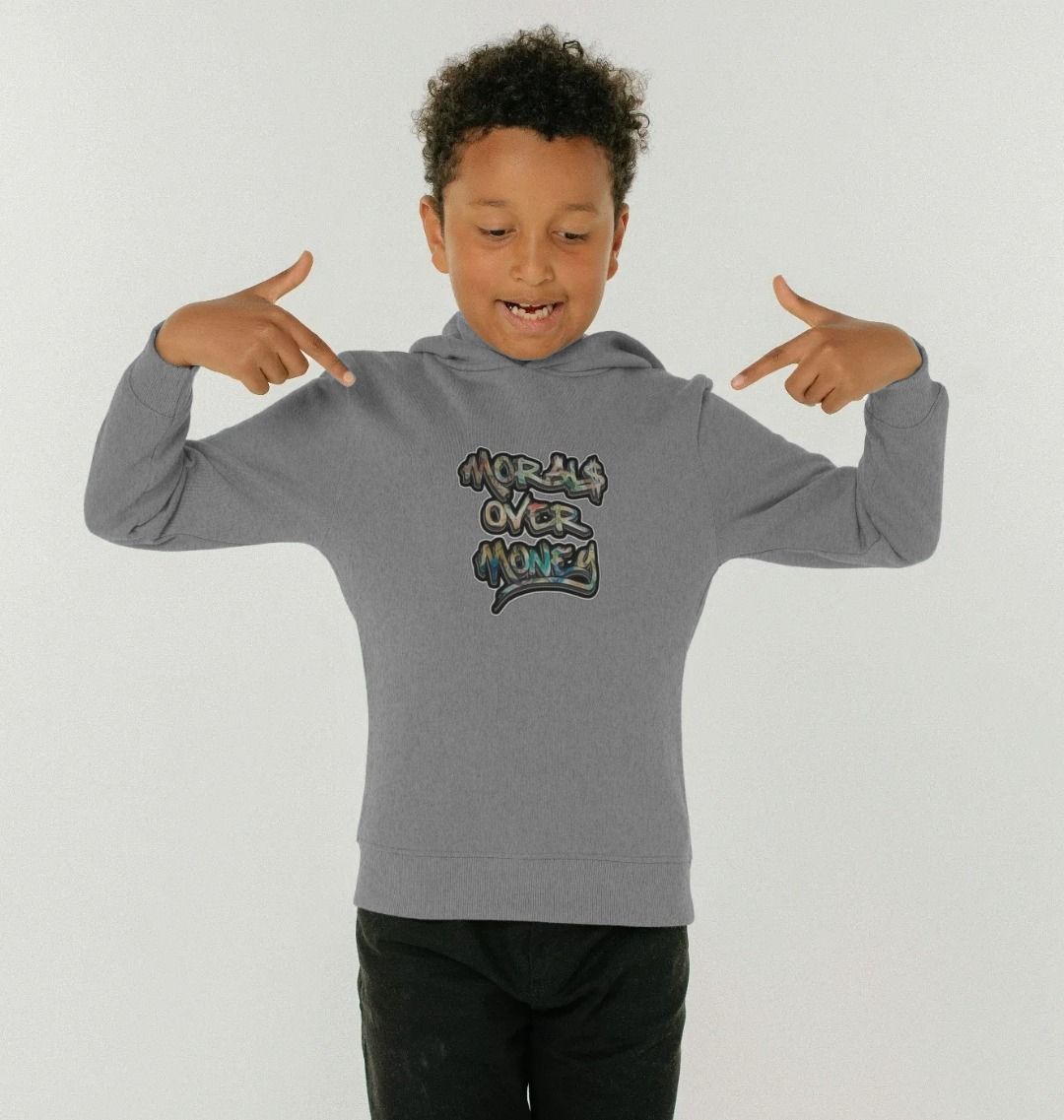 Kids Original 100% Organic Cotton 'Morals Over Money'  Eco Hoodie - Coloured Print