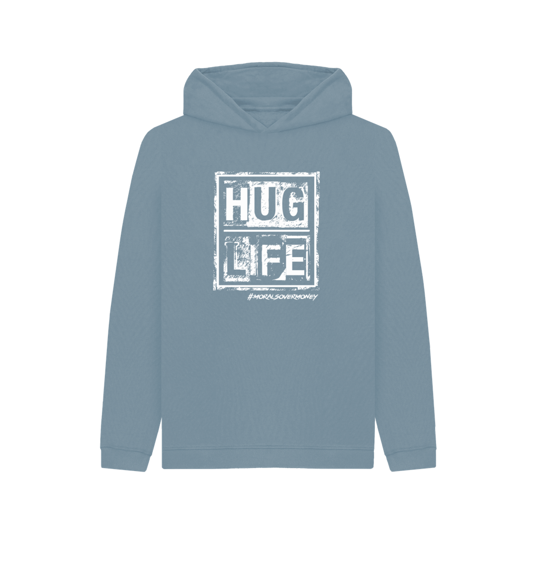 Stone Blue Kid's 100% Organic Cotton 'Hug Life' Eco Hoodie - White Logo