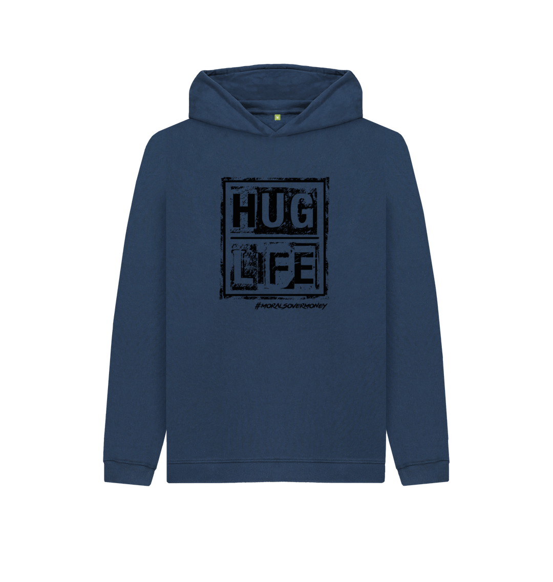 Navy Blue Kid's 100% Organic Cotton 'Hug Life' Eco Hoodie - Black Logo