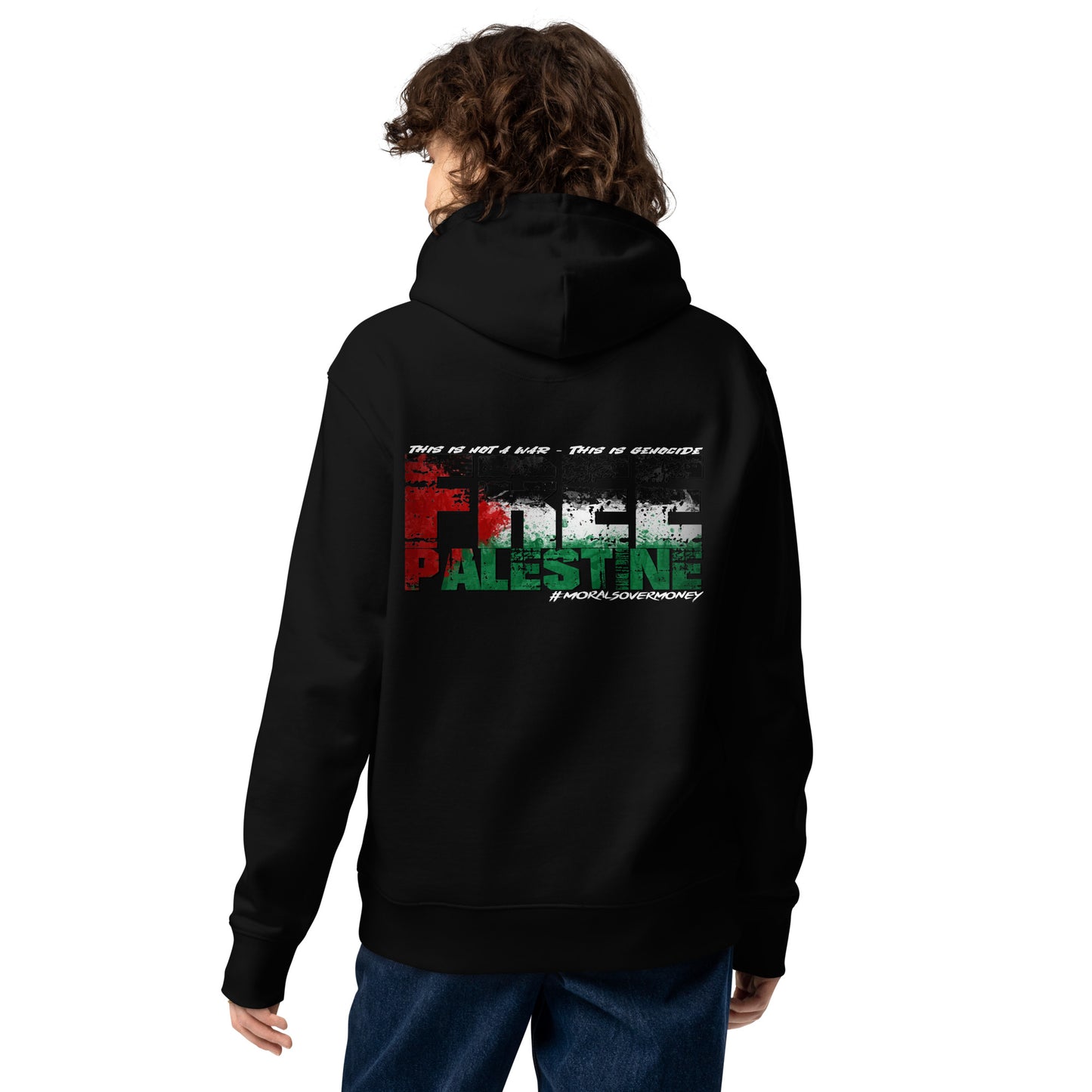 100% Organic Cotton Essentials 'Morals Over Money - Free Palestine' Eco hoodie - White Logo