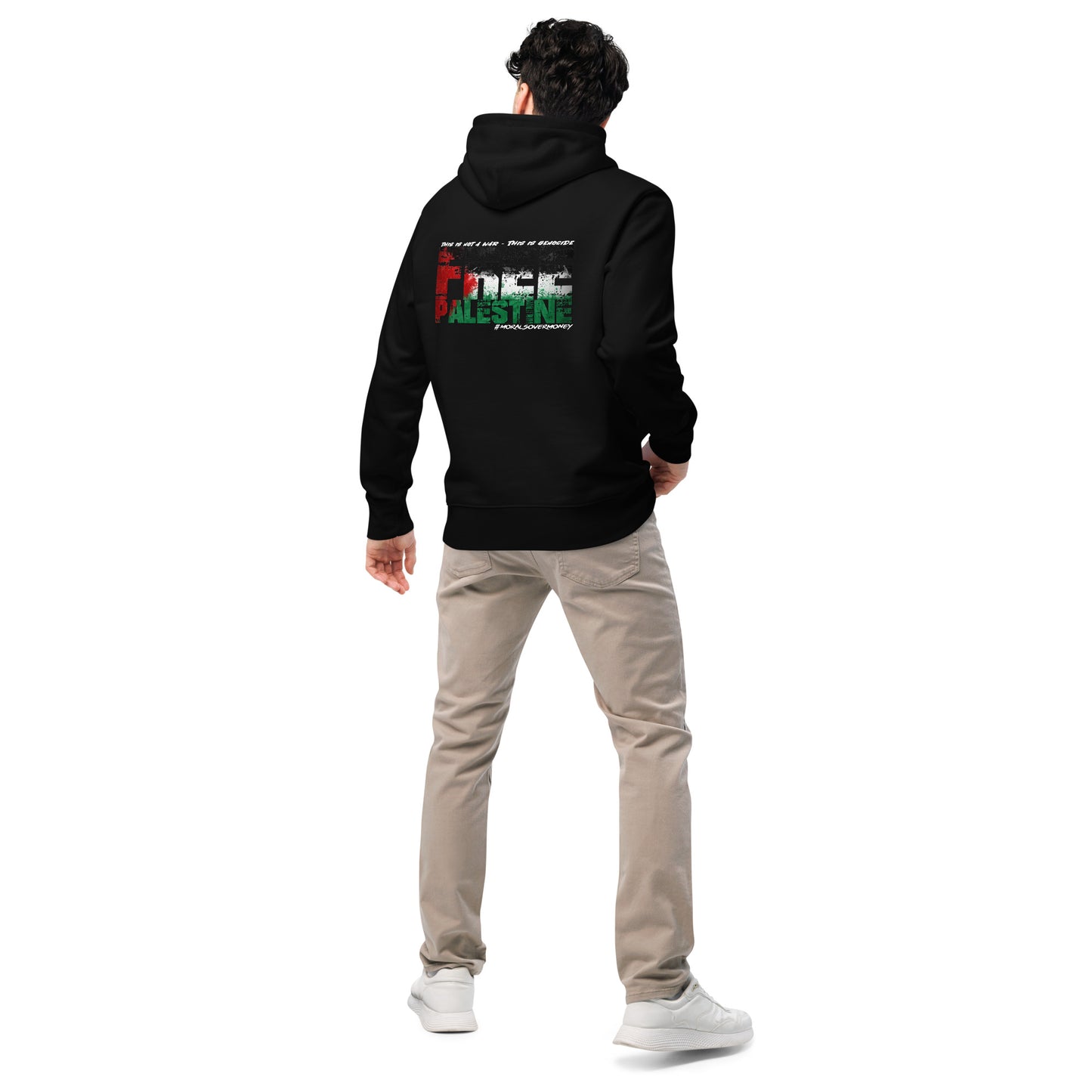 100% Organic Cotton Essentials 'Morals Over Money - Free Palestine' Eco hoodie - White Logo