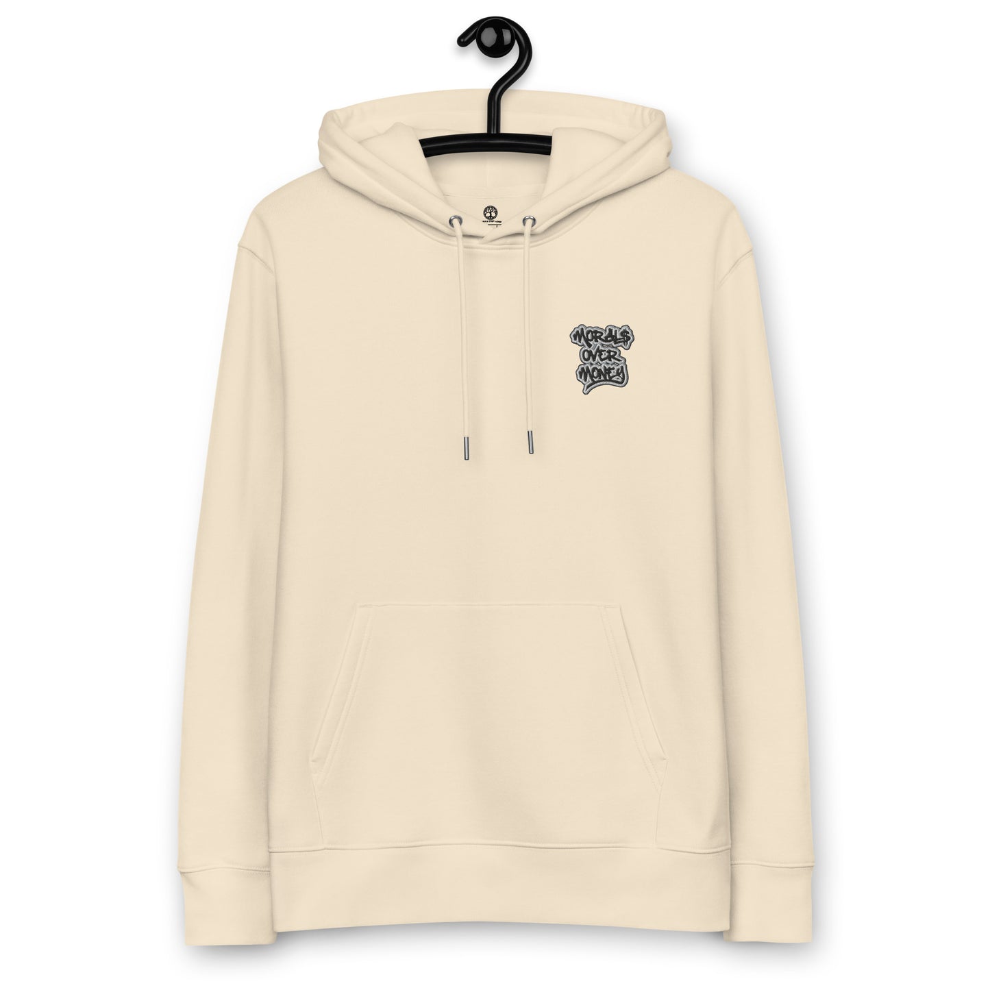 100% Organic Cotton 'Morals Over Money' Essentials Eco Hoody - Small Embroidery