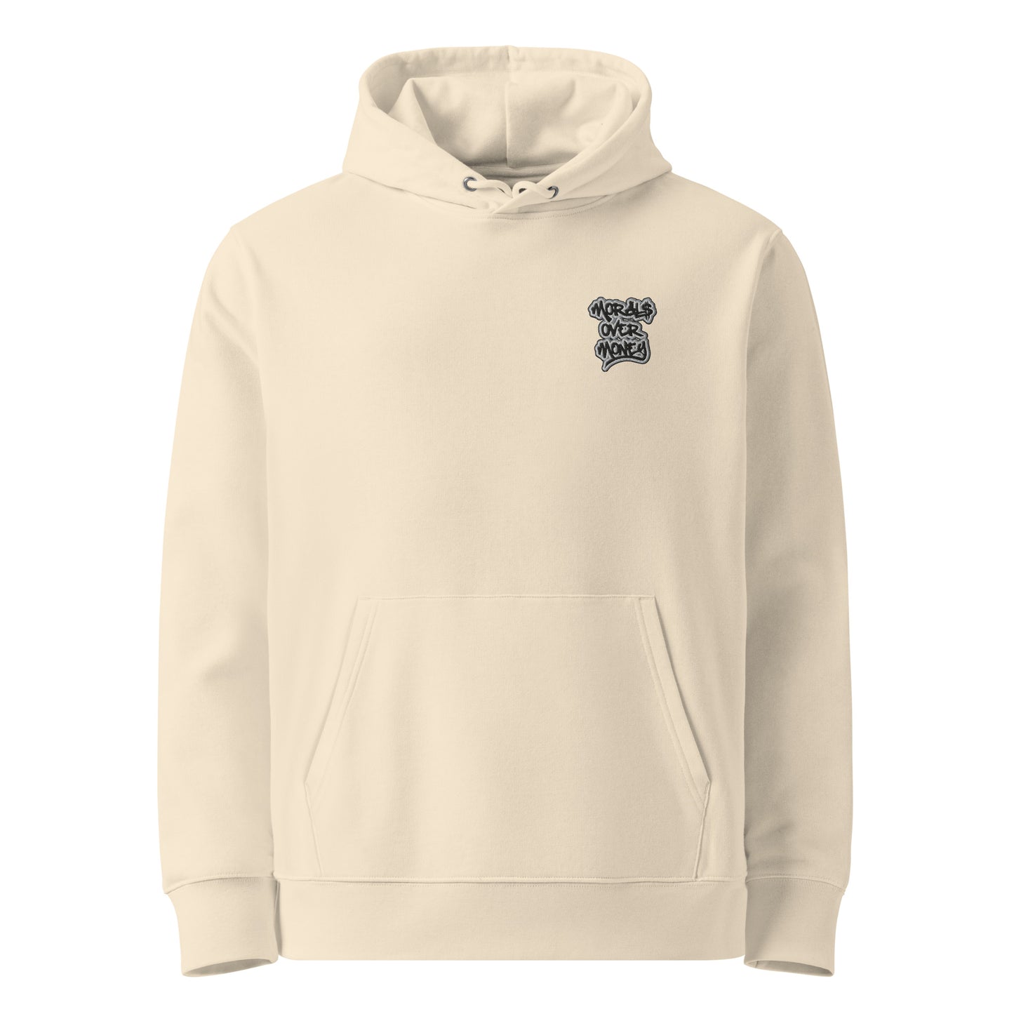 100% Organic Cotton 'Morals Over Money' Essentials Eco Hoody - Small Embroidery
