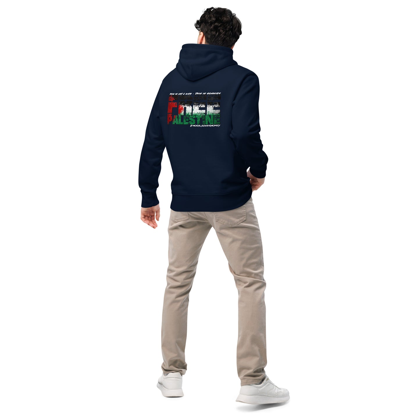 100% Organic Cotton Essentials 'Morals Over Money - Free Palestine' Eco hoodie - White Logo