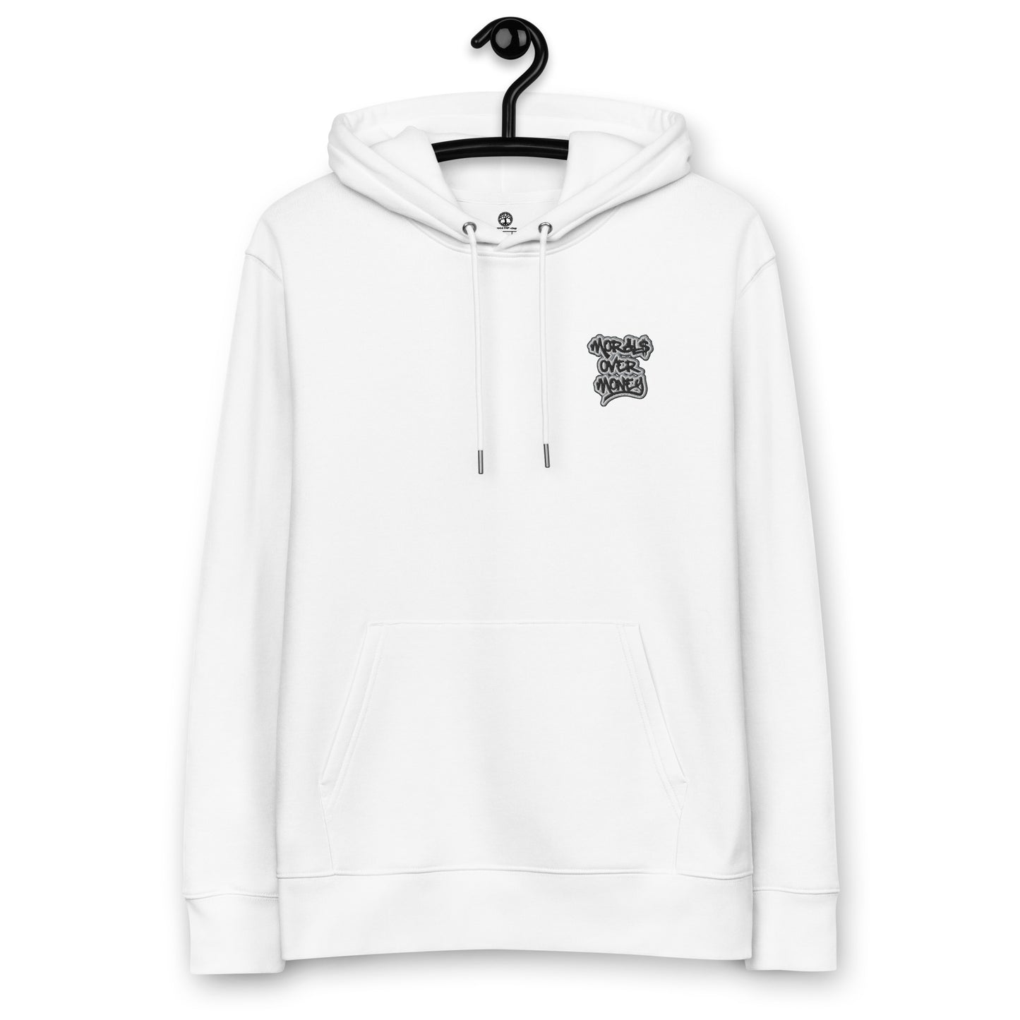 100% Organic Cotton 'Morals Over Money' Essentials Eco Hoody - Small Embroidery
