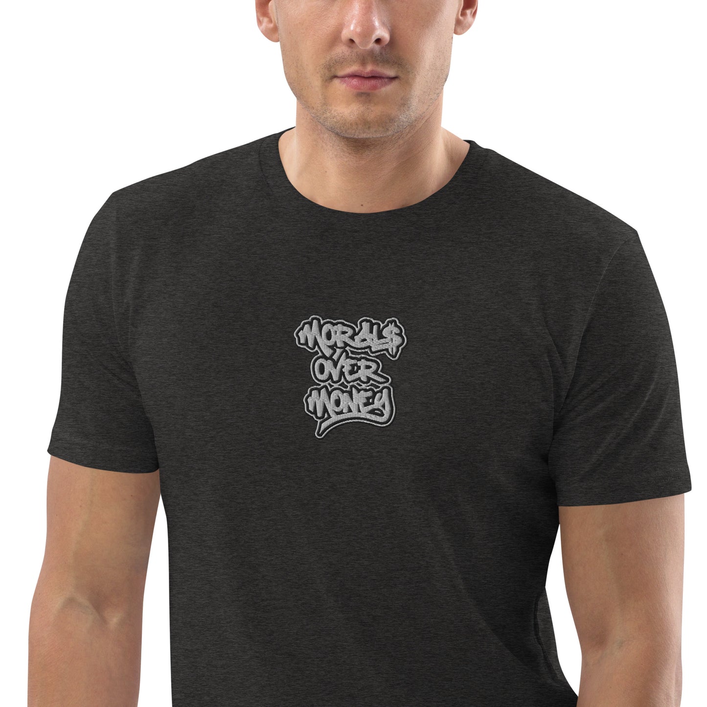 100% Organic Cotton 'Morals Over Money' Centre Embroidered Eco Tee - White & Black Logo