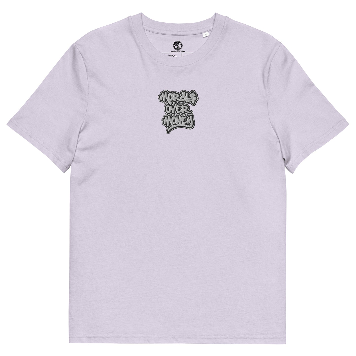 100% Organic Cotton 'Morals Over Money' Centre Embroidered Eco Tee - White & Black Logo