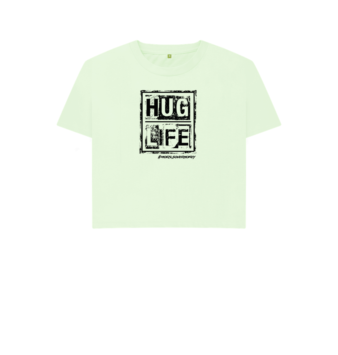 Pastel Green Women's 100% Organic Cotton 'Hug Life' Eco Boxy Tee - Black Logo