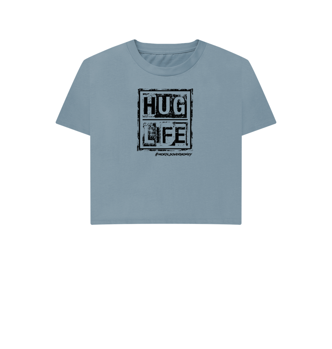 Stone Blue Women's 100% Organic Cotton 'Hug Life' Eco Boxy Tee - Black Logo