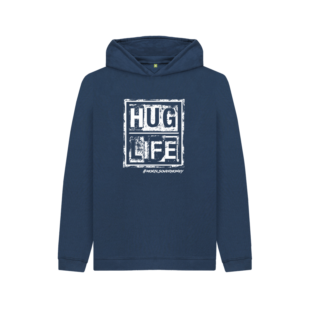 Navy Blue Kid's 100% Organic Cotton 'Hug Life' Eco Hoodie - White Logo