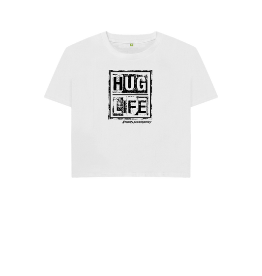 White Women's 100% Organic Cotton 'Hug Life' Eco Boxy Tee - Black Logo